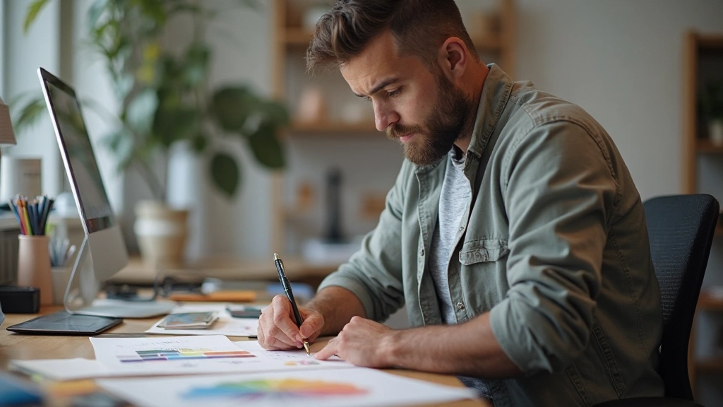 Designer aan het werk met kleurstalen en creatieve tools op bureau