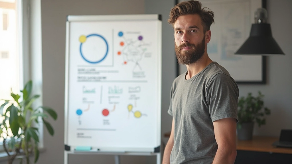 Inspirerend kantoor met grote whiteboard vol Design Thinking diagrammen en ideogrammen