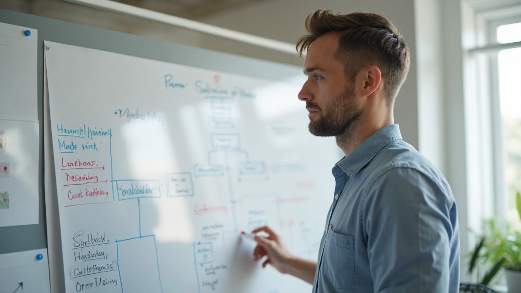 Whiteboard vol mind map diagrammen met verschillende kleuren en verbindingen tussen concepten