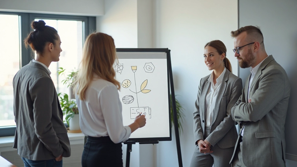 Team van diverse professionals in brainstormsessie rond whiteboard met kleurrijke notities