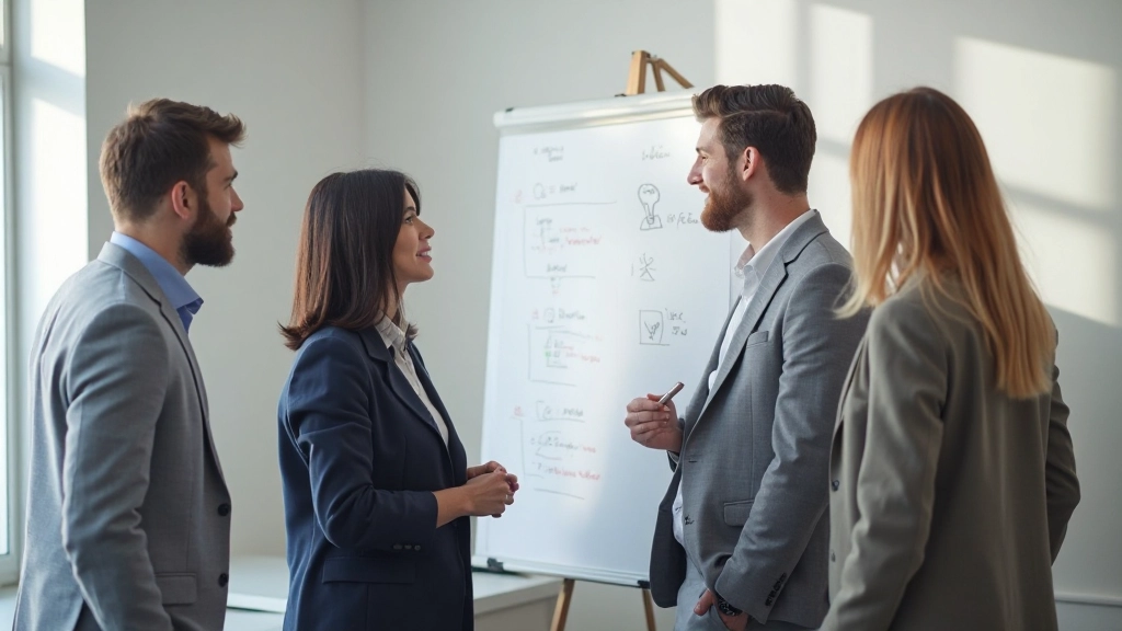 Diverse team brainstormt innovatieve ideeën rond whiteboard in modern kantoor